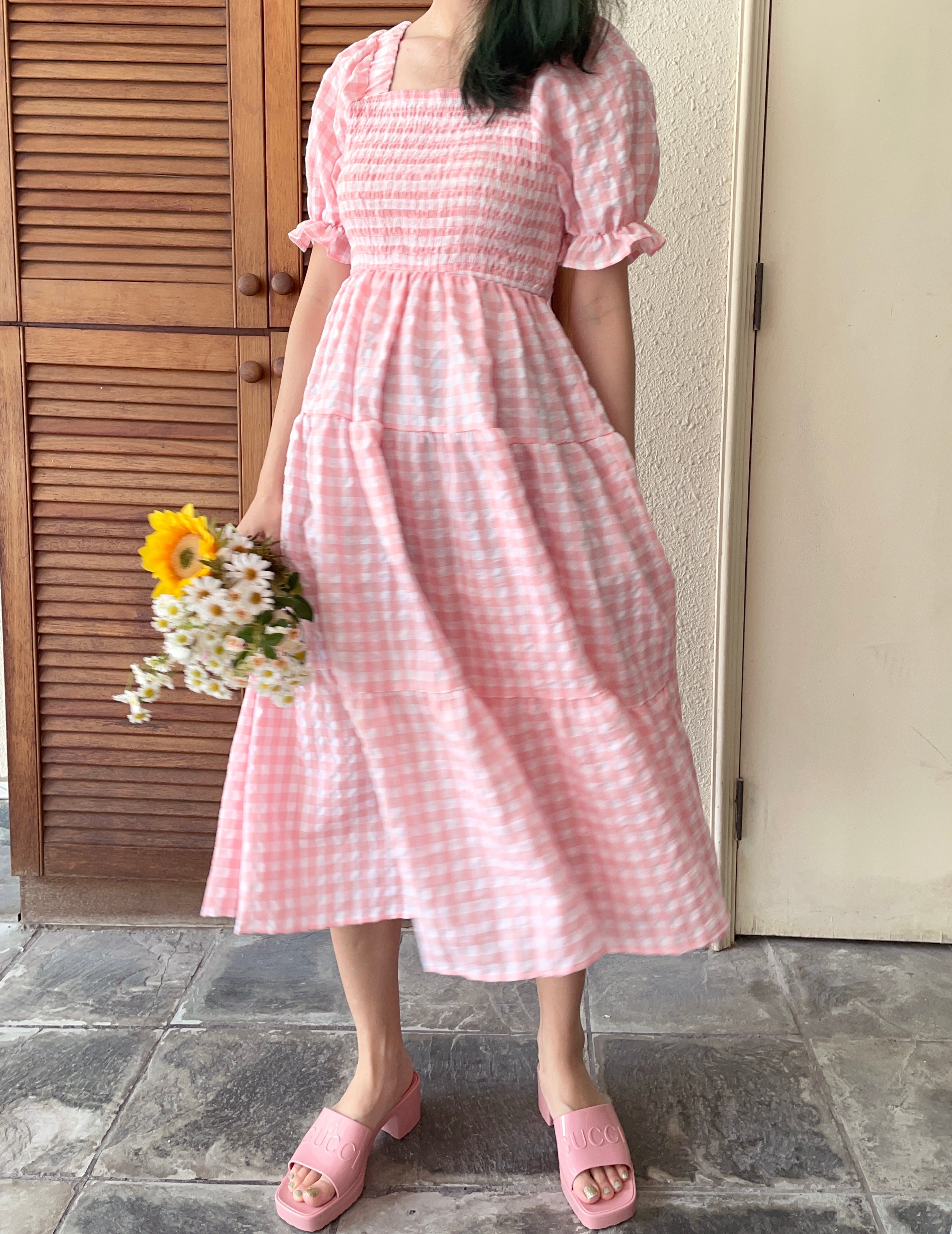 Puff Sleeve Gingham Tiered Dress Maxct