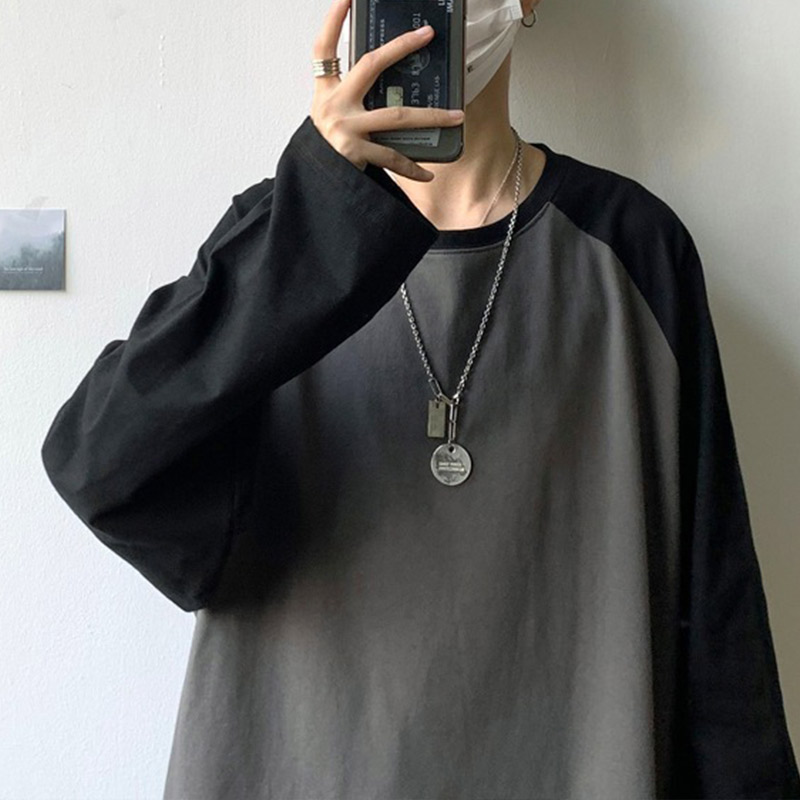 Oversized T-shirt Round Collar Contrast Color Long Sleeve Tops Women Spring Patchwork Kawaii T Shirts Unisex Streetwear