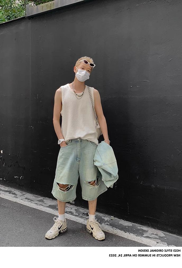 Maxct 90s Streetwear Solid Color Simple Vertical Stripe Niche Retro Round Neck Vest Men's Summer New Casual All-match Sleeveless T-shirt