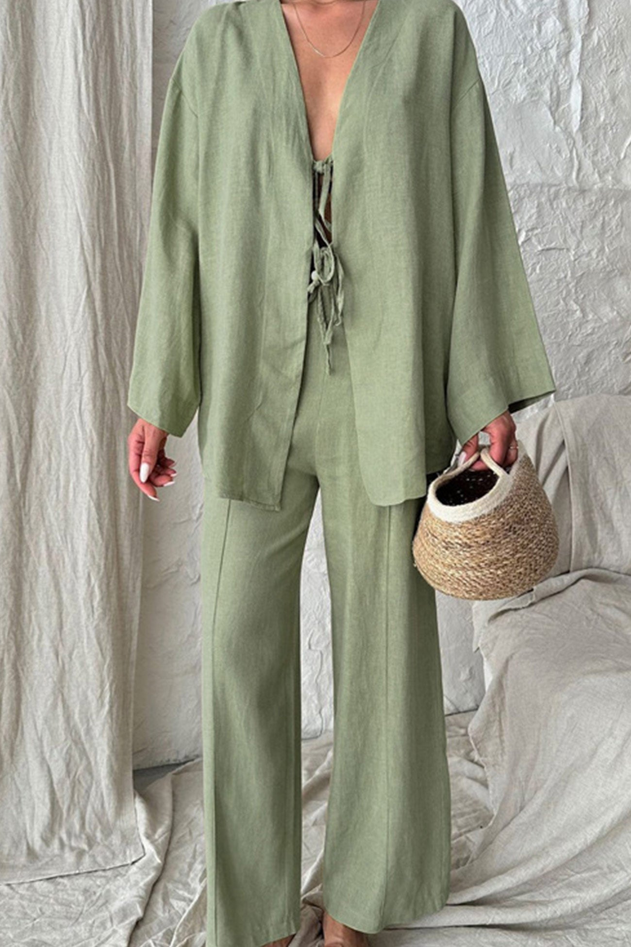 Maxct Tie-front Long Sleeve Shirt Cotton Suits