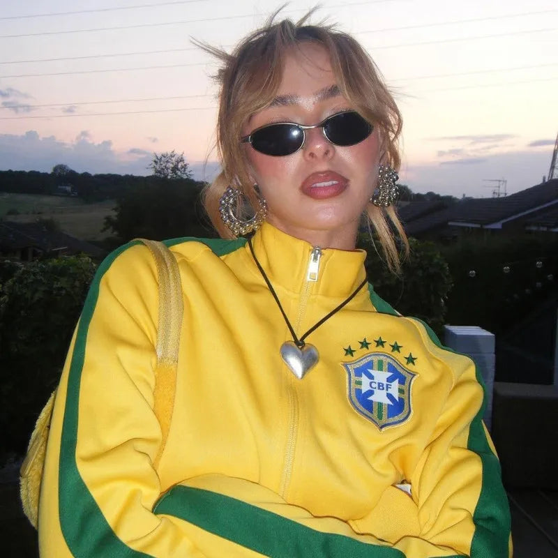 Maxct 2000s Retro Grunge Gothic Jacket Coat Y2K Aesthetic Vintage Yellow Sweatshirts Letter Embroidery Graphic Pattern Zip Up Coat