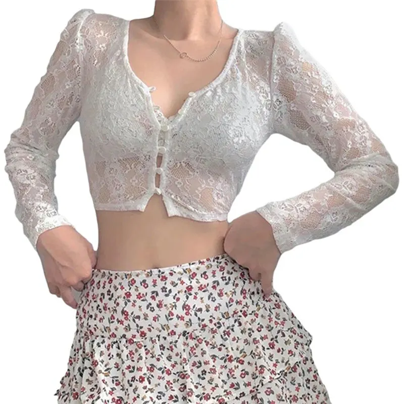 Maxct 90s Vintage Button Up Long Sleeve Crop Top Floral Lace Transparent T-shirt Korean Harajuku Slim Fit Tees Y2K Women Streetwear