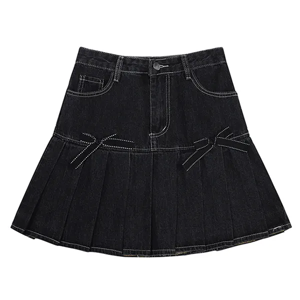 Bow Denim Pleated Skirt Maxct
