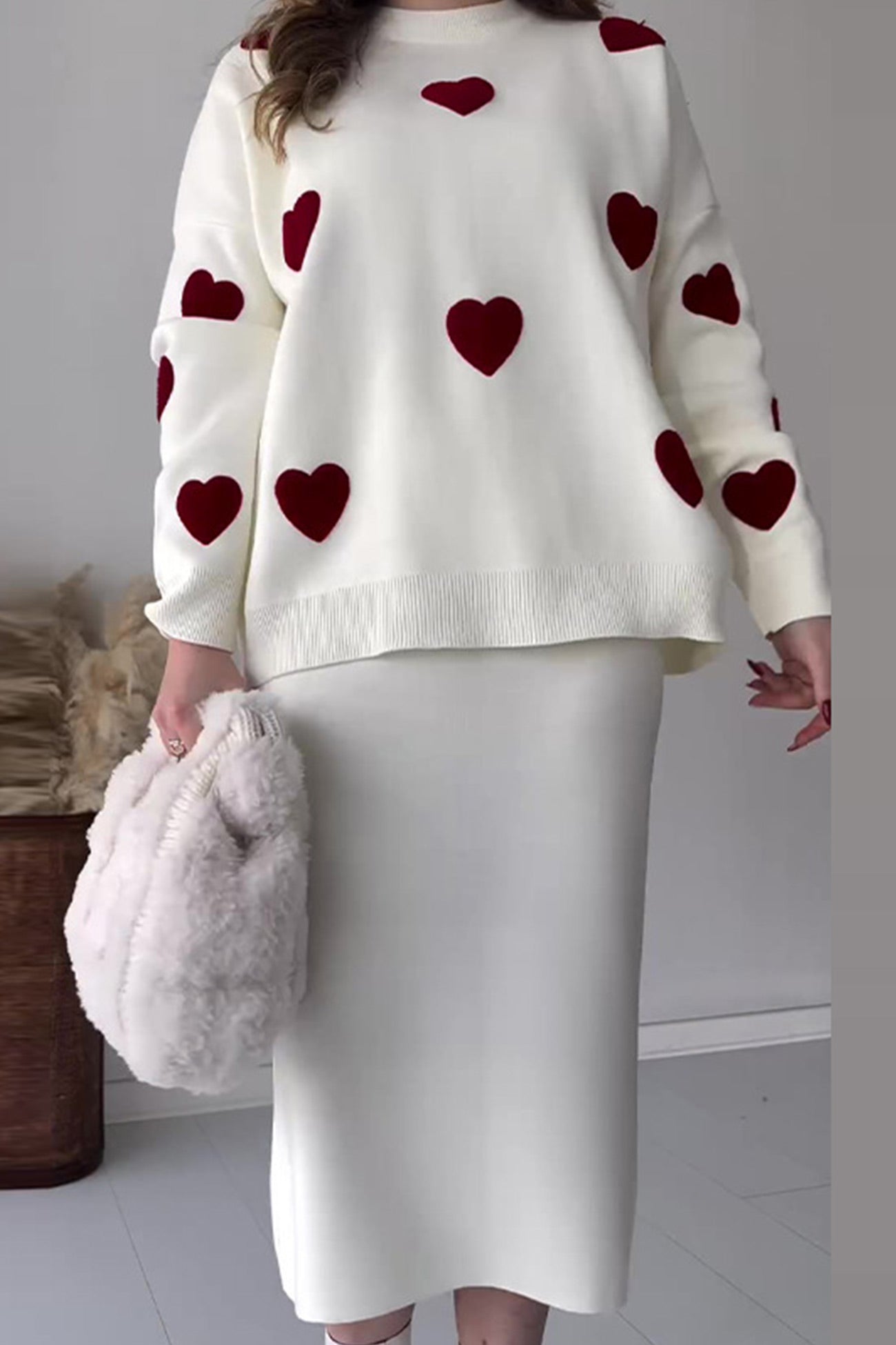 Maxct Heart Graphic Sweater Midi Skirt Knit Suits