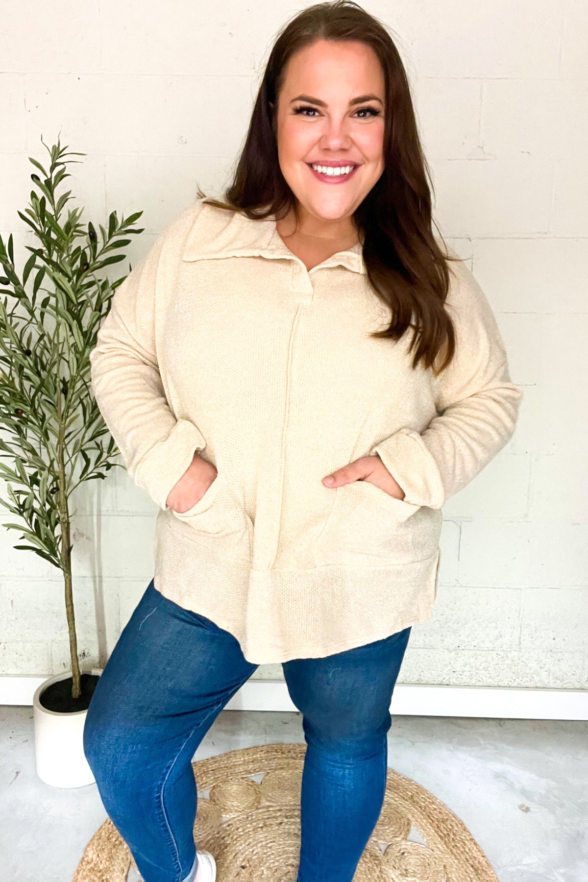 Maxct &Easy Living Oatmeal Textured Knit Notch Neck Oversized Collar Sweater