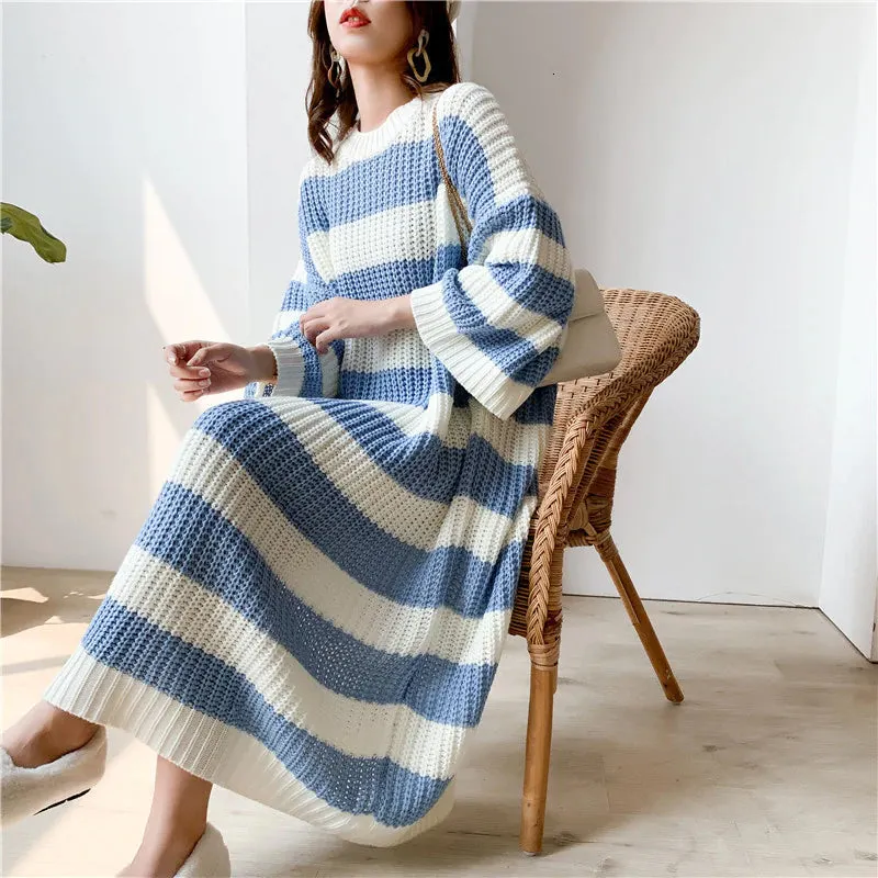 Loose Long Striped Crew Neck Knitted Dress Maxct
