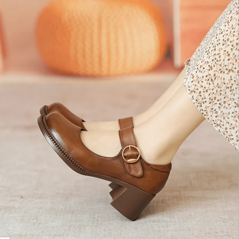 Handmade Pumps Mary Jane Heels Sandalss Round Toe  Retro Velcro Sandals Black/Brown Maxct