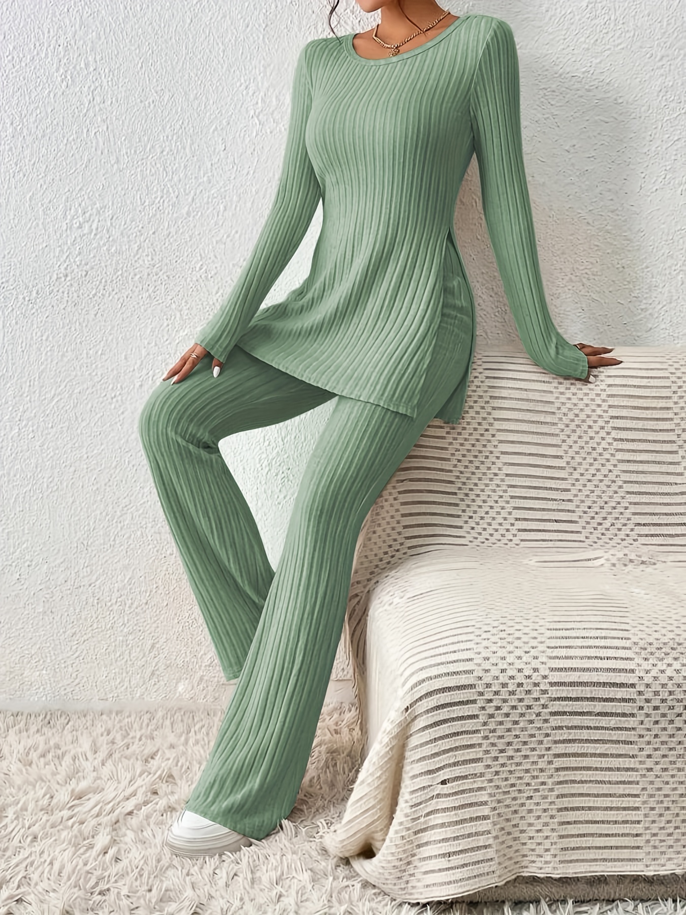 Solid Textured Two-piece Set, Long Sleeve Slit Long Length Top & Skinny Pants Outfits, Women's Clothing