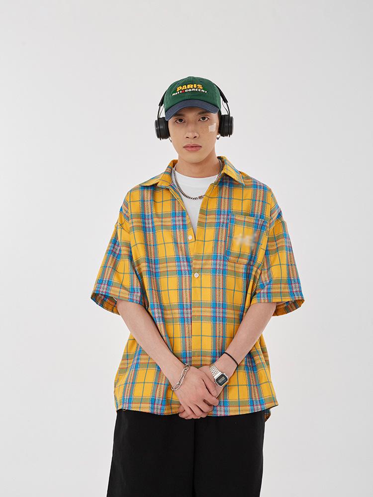 Maxct 90s Streetwear Fashion Retro Contrast Color Plaid Shirt Women's Summer New Letter Embroidered Design Casual Half Sleeve Coat Top
