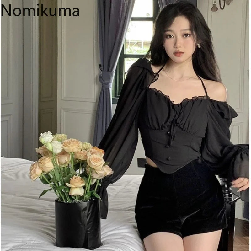 Maxct Shirts Blouses Spring Autumn Halter Off Shoulder Ruffles Patchwork Blusa Feminina Vintage Elegant Sexy Camisas De Mujer
