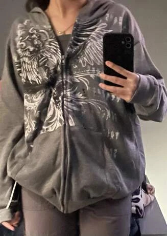 Zipper cardigan hooded European and American style Y2K retro loose version personalized street eagle print women's sweatshirt