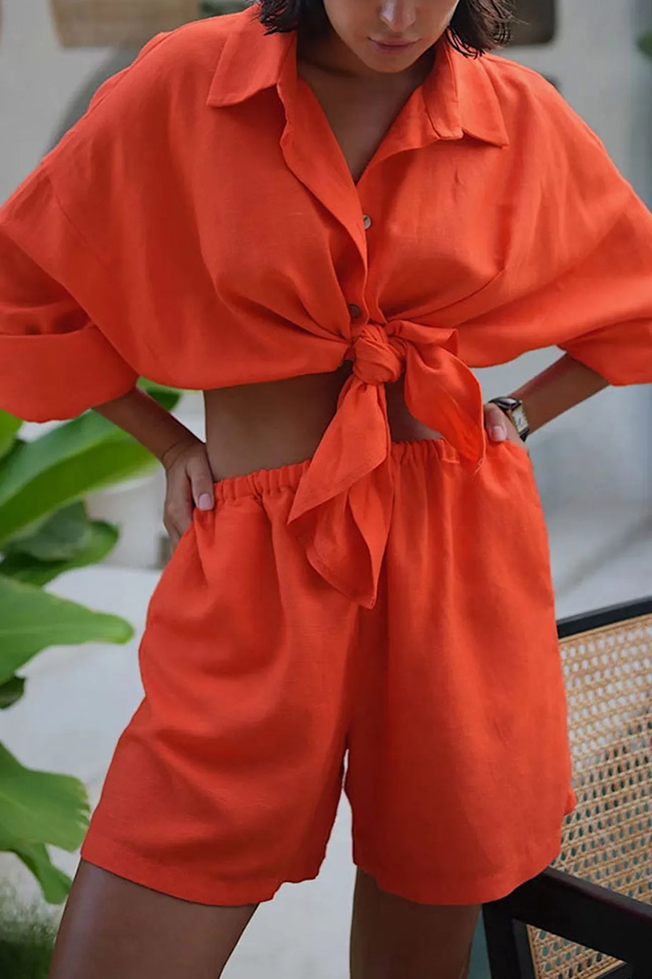 Maxct Cotton Slit Hem Blouse Shorts Suits