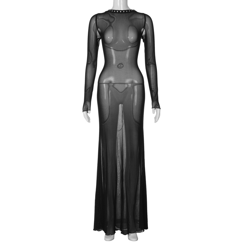Maxct avant garde dress to impress Fashionable New Autumn Women's Clothing Sexy Mesh Backless Lace-up Long Sleeve Super Long Dress Women