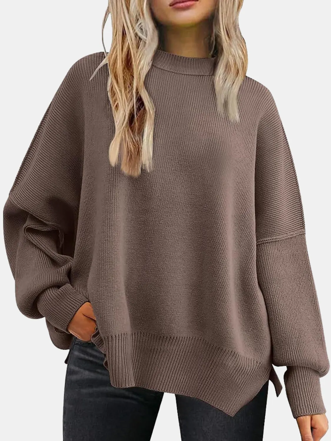 Maxct &Round Neck Drop Shoulder Slit Sweater