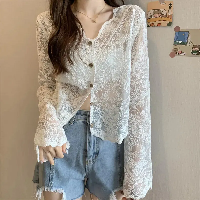 Maxct See Through Shirt Women Lace Blouse Summer Sun-Proof Sweet Sheer Tops Preppy V-Neck Casual Trendy Harajuku Basic Korean Blouse