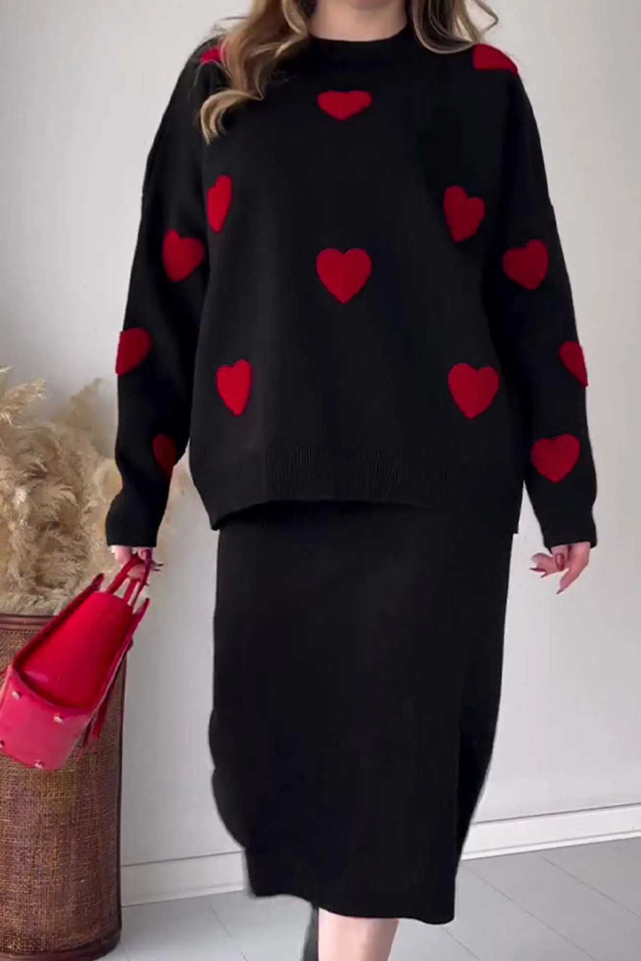 Maxct Heart Graphic Sweater Midi Skirt Knit Suits