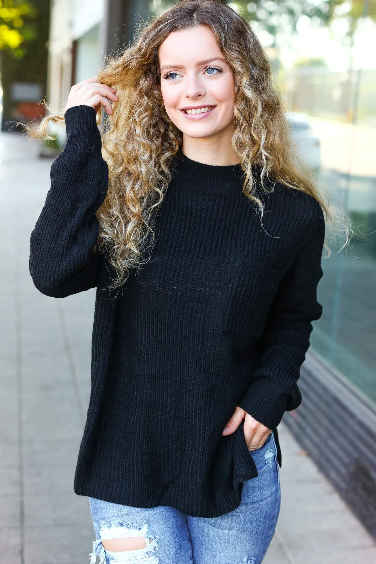 Maxct &Classy Chic Black Mock Neck Chest Pocket Knit Sweater