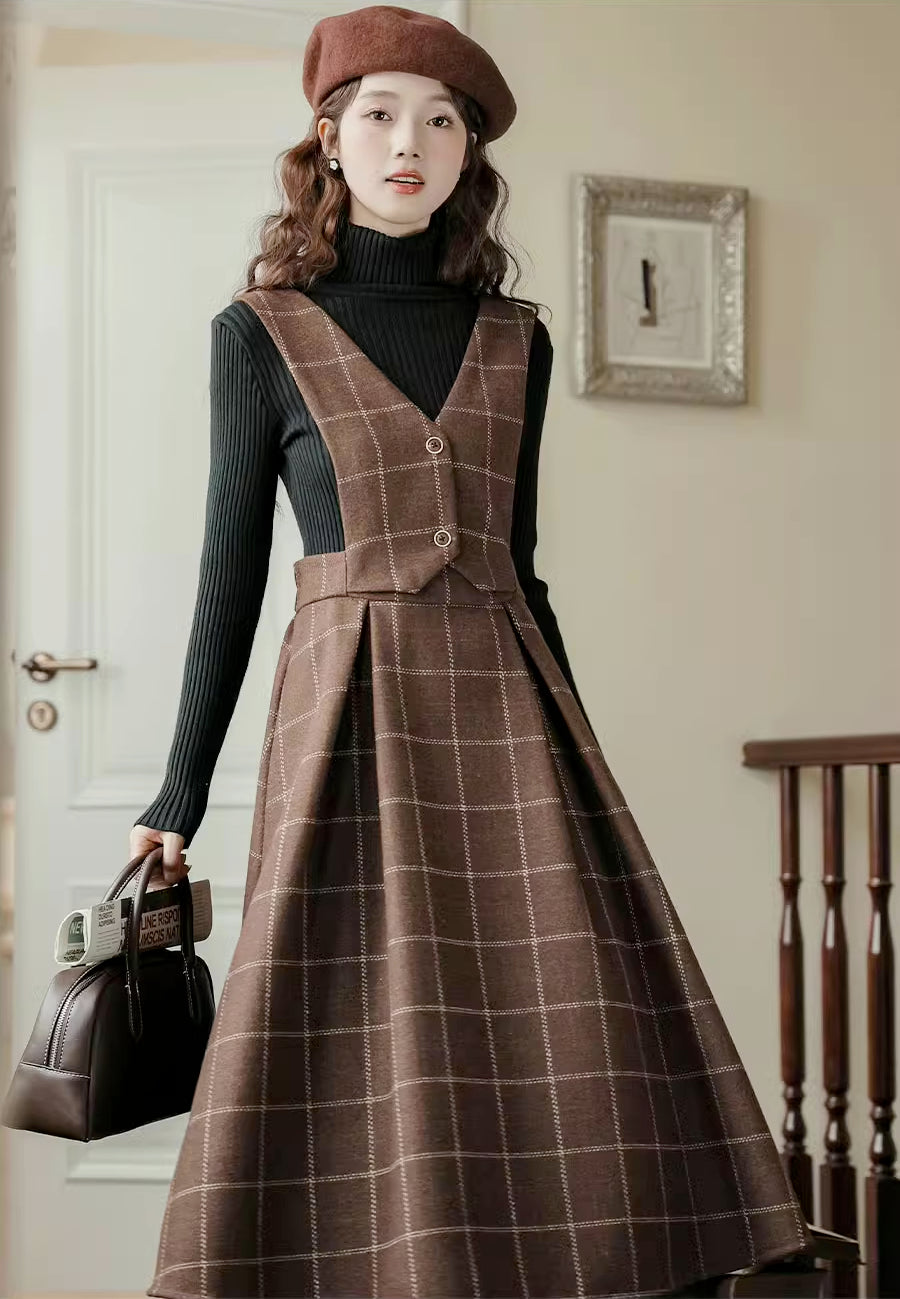 Plaid Vest Pinafore Dress Maxct