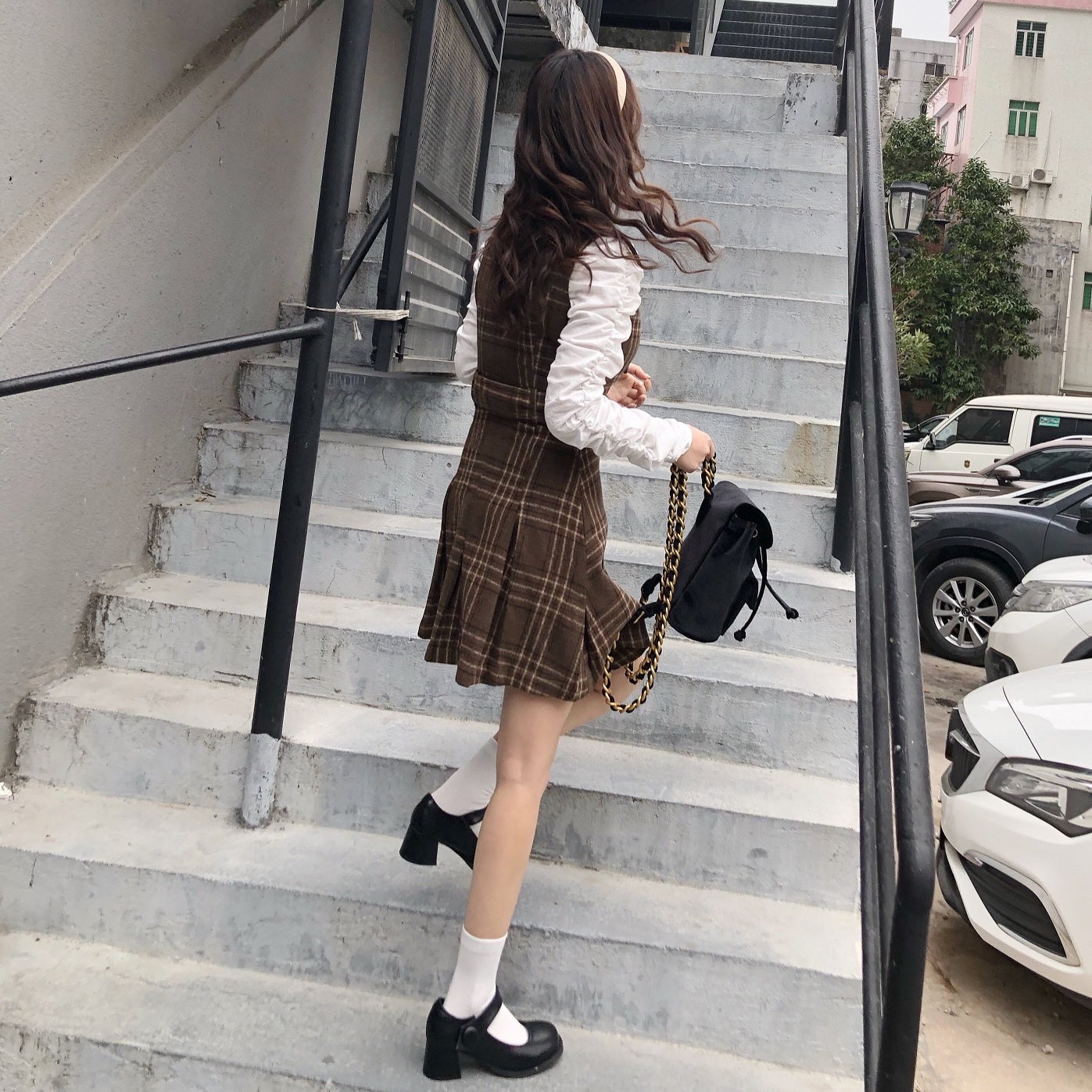 Coffee Plaid Pinafore Dress / Blouse Maxct