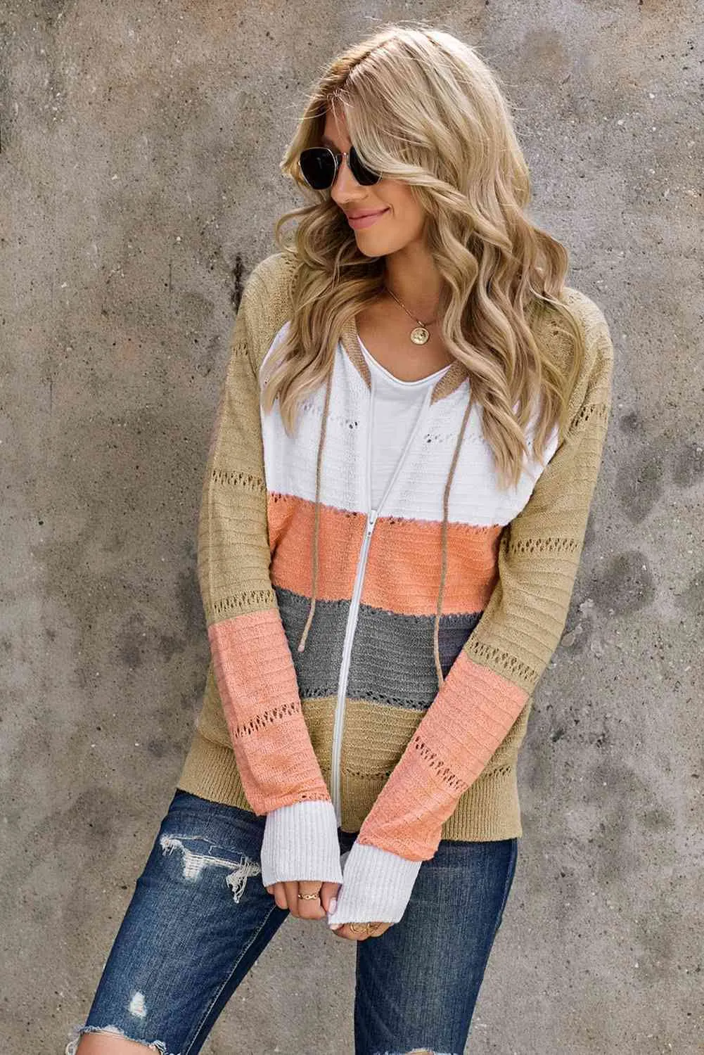 Maxct &Zip-Up Raglan Sleeve Openwork Hooded Cardigan - Image 5