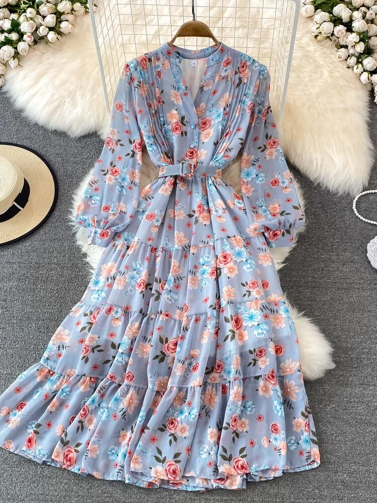 Maxct Floral Midi Dress Women Elegant V-Neck Lantern Long Sleeve High Waist Draped A-Line Casual Vestidos Female Spring Autumn