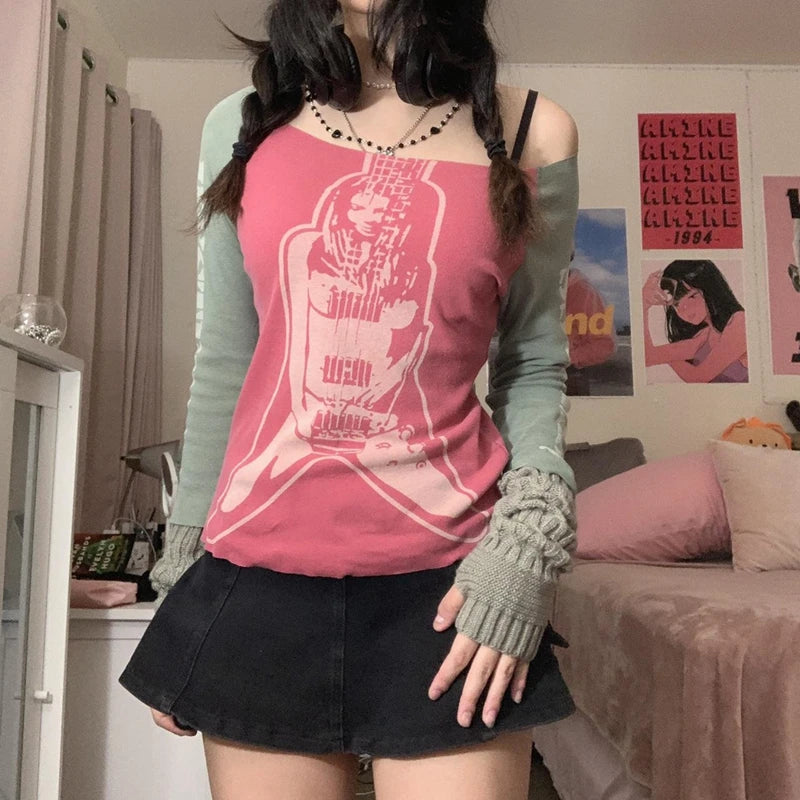 Maxct 2000s Retro Patchwork Long Sleeve Crop Top Hip Hop Harajuku T-shirt E-girl Punk Mall Grunge Emo Alt Clothes Women Pullovers Tees