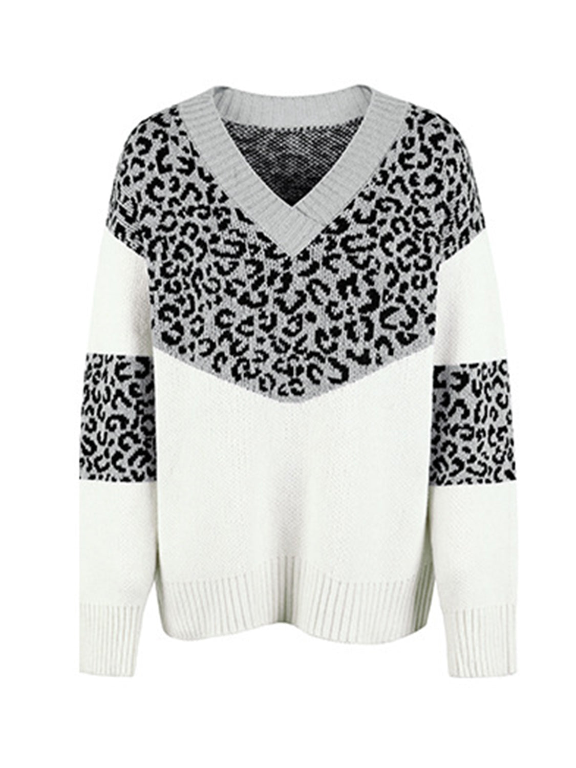 Maxct &Leopard V-Neck Dropped Shoulder Sweater