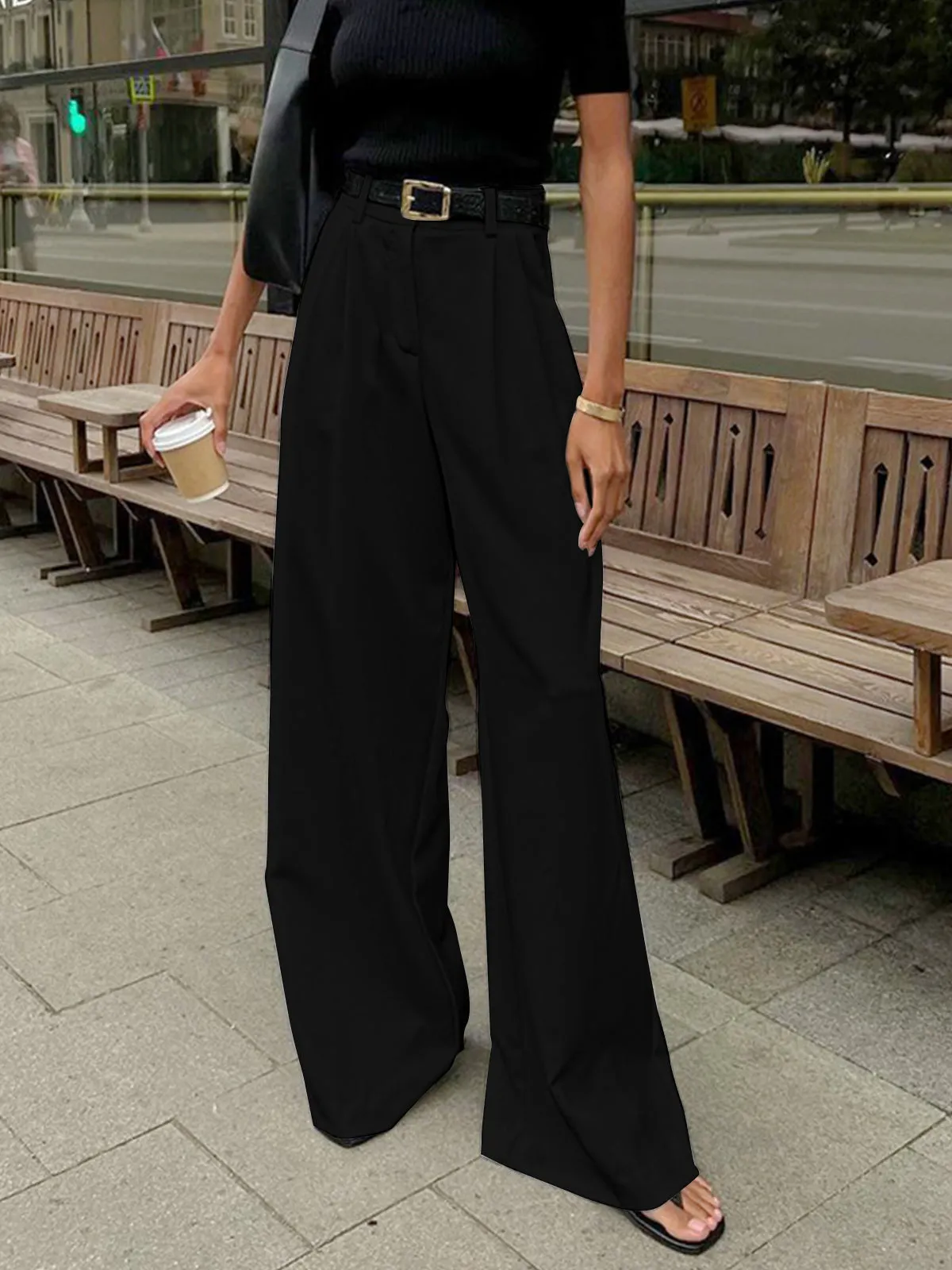 Maxct Solid Wide Leg Pants Without Belt