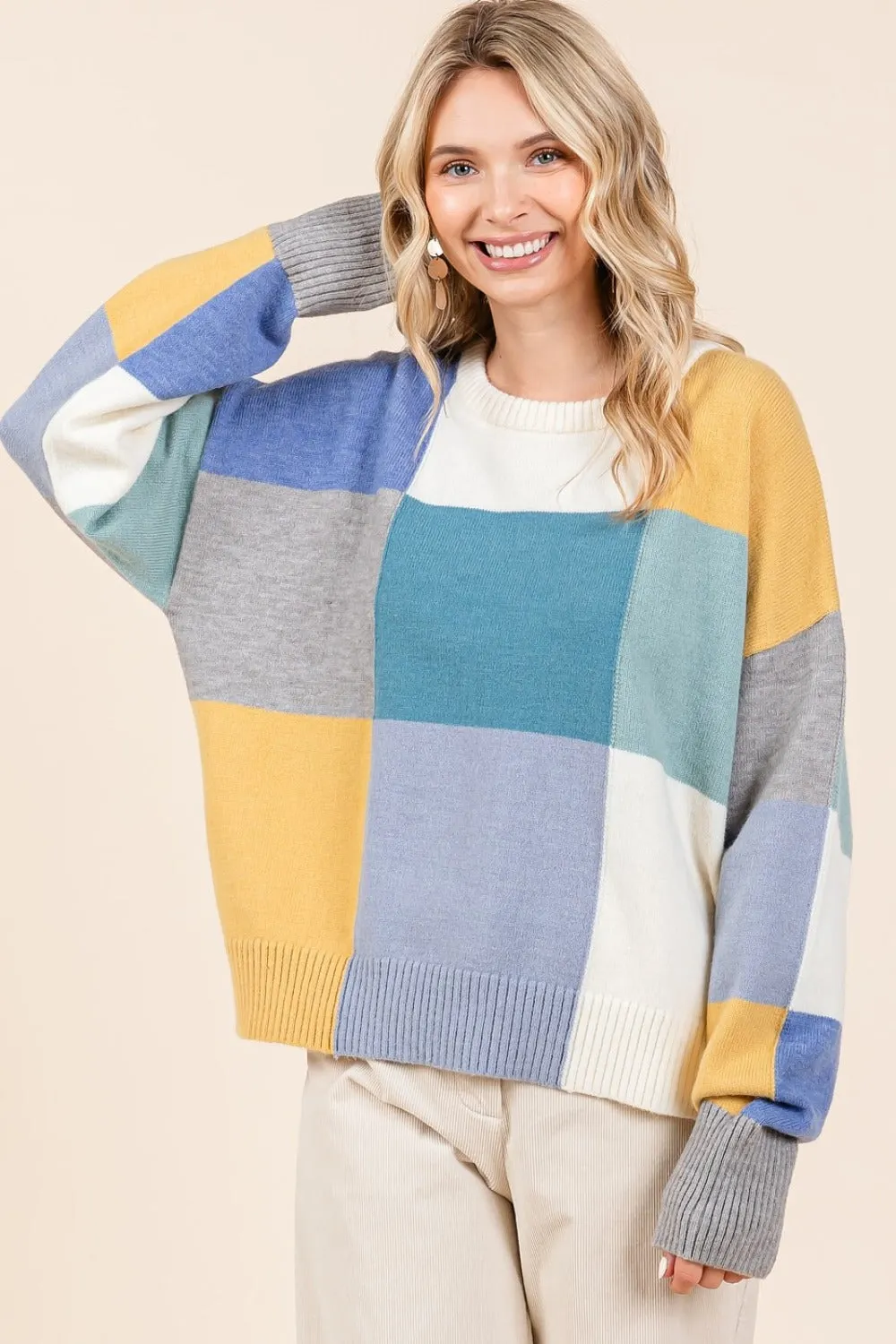 Maxct &Mittoshop Color Block Round Neck Sweater