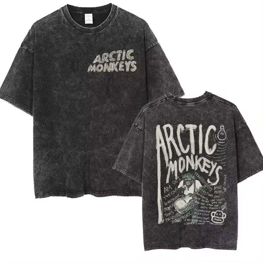 Maxct Retro Rock Arctic Monkeys Music Album Graphic T-Shrit Men's Vintage Washed Oversized Short Sleeve T Shirt Y2k Hip Hop Streetwear