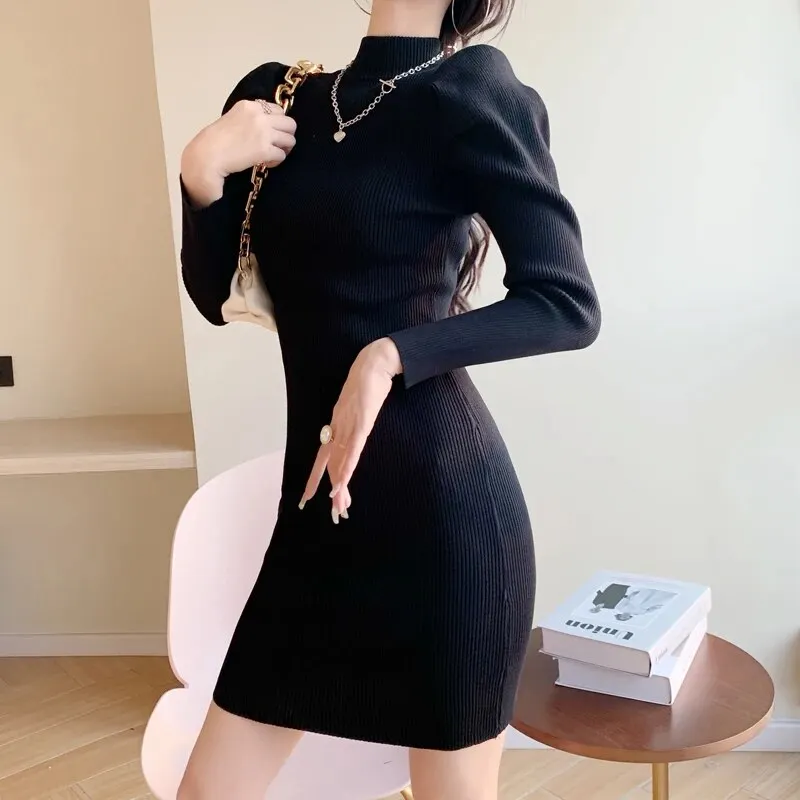 Maxct Women Knitting Full Puff Sleeve Base Sweaters Dresses Girls Slim Turtleneck Mini Sheath Knitwear Dress Real Photos