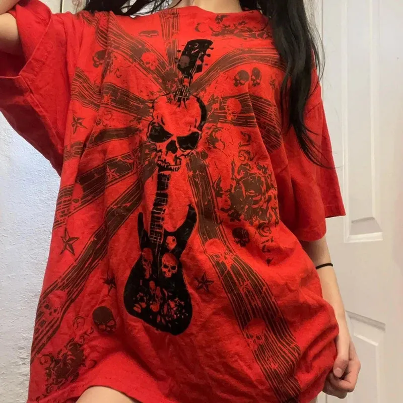 Maxct Punk Harajuku Grunge Short Sleeve Loose Tees E-girl Gothic Skulls Graphic Print T-shirt Y2K Aesthetic Vintage Pullovers Tops