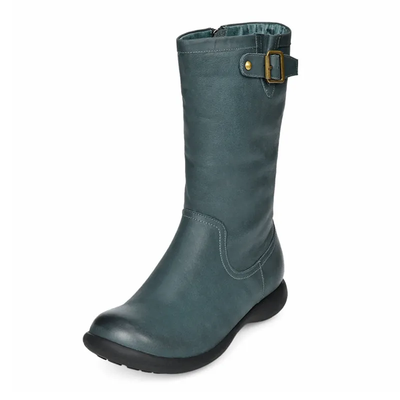 Womens Retro Mid Calf Boots with Short Plush Lining for Cold Winter Black/Blue Maxct