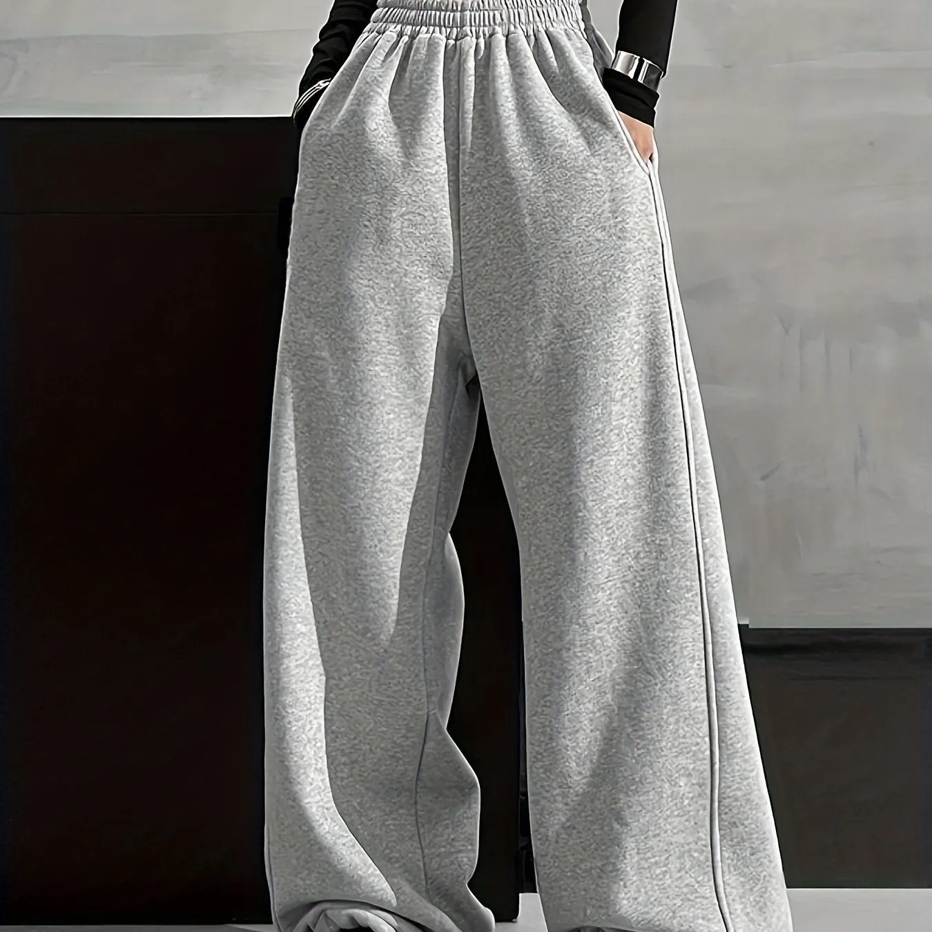 Maxct  Solid Comfy Wide Leg Pants, Casual Elastic Waist Loose Pants With Pocket, Women's Clothing