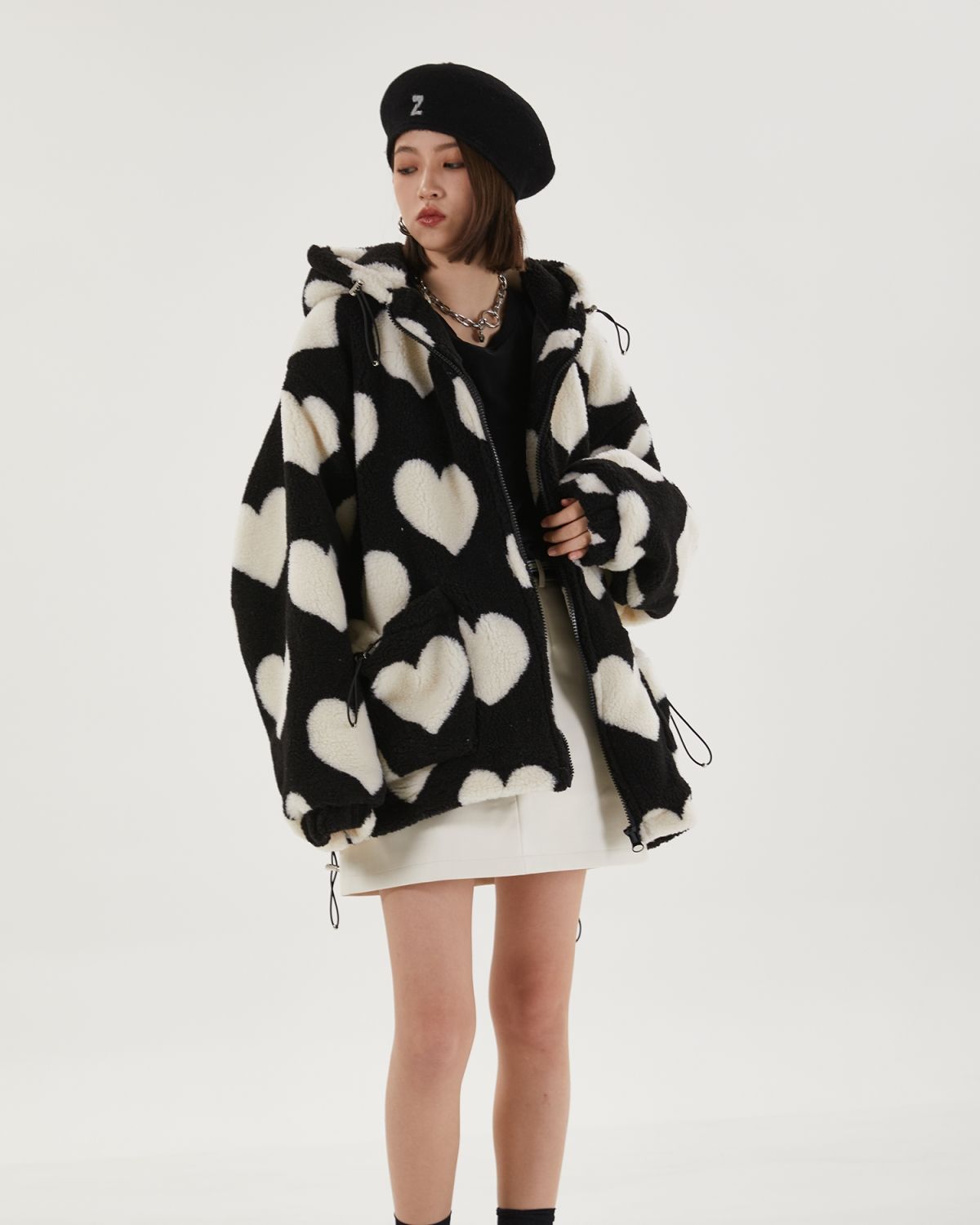 Student Hooded Cotton Women's Hearts Print Fur Jacket - true deals club