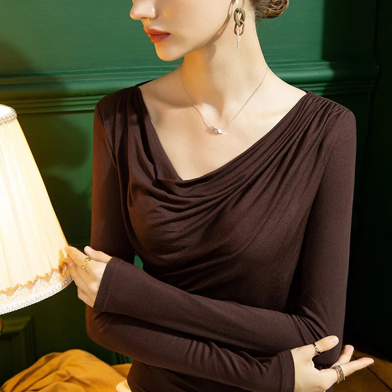 Maxct Autumn Full Sleeve Modal T-shirts Girls Heaps Collar Solid Soft Slim Stretchy Tshirts Tops For Woman