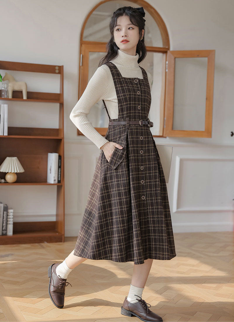 Button Up Plaid Pinafore Dress Maxct