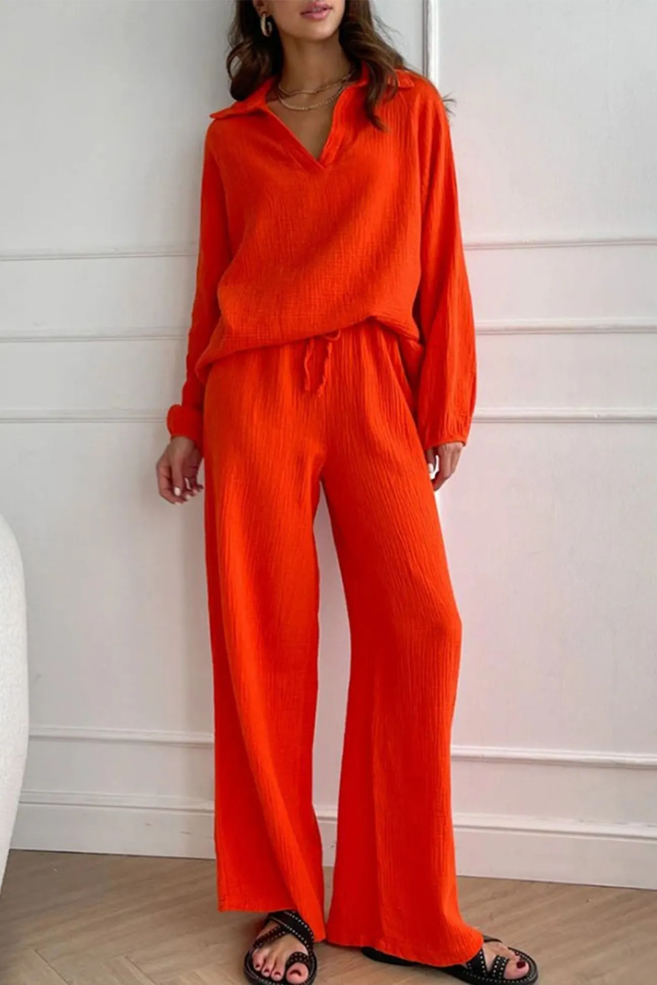 Maxct-Lapel Drawstring Wide Leg Pants Two-piece Set