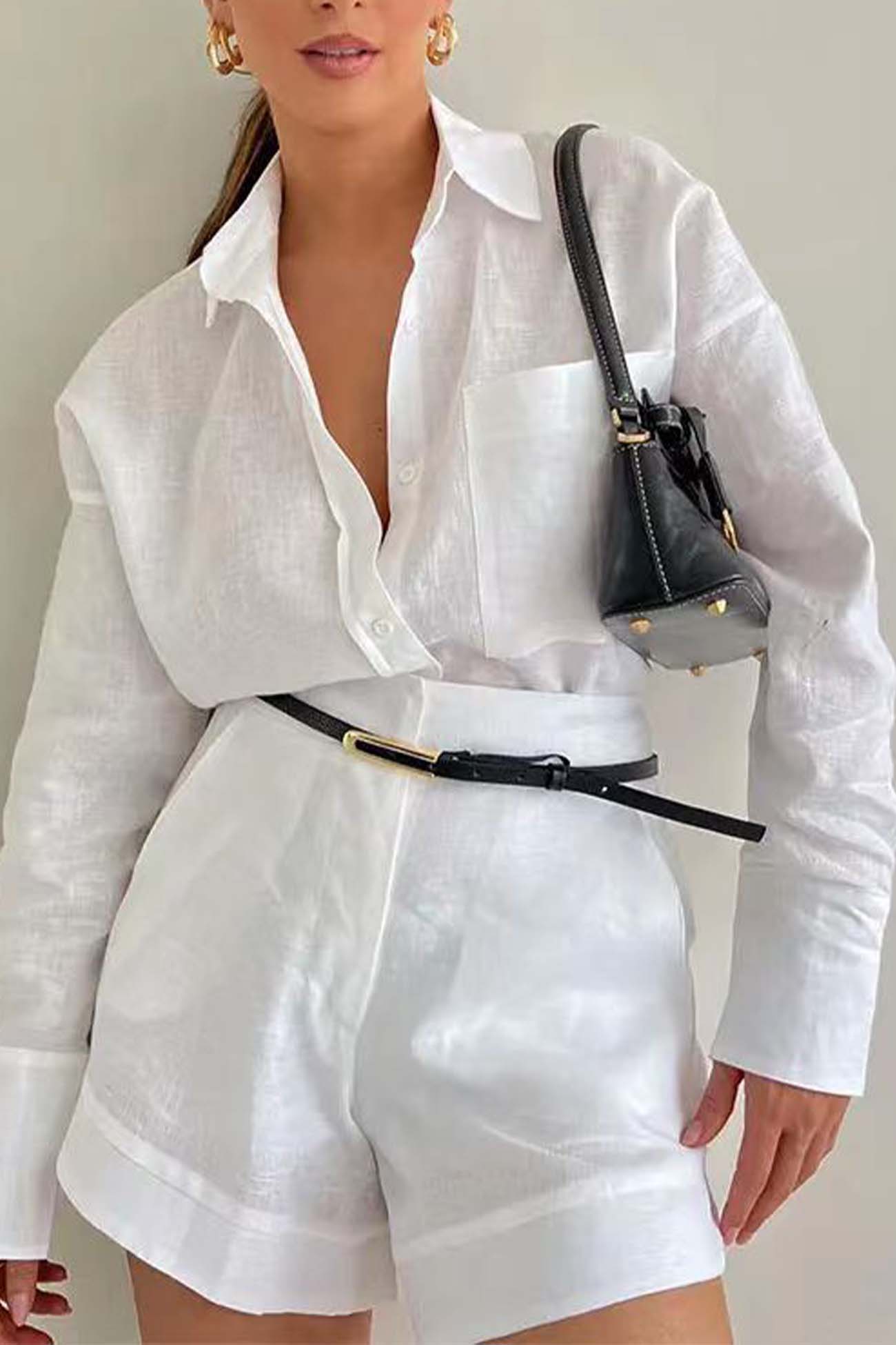 Maxct Solid Color Shorts Long Sleeve Shirt Suit