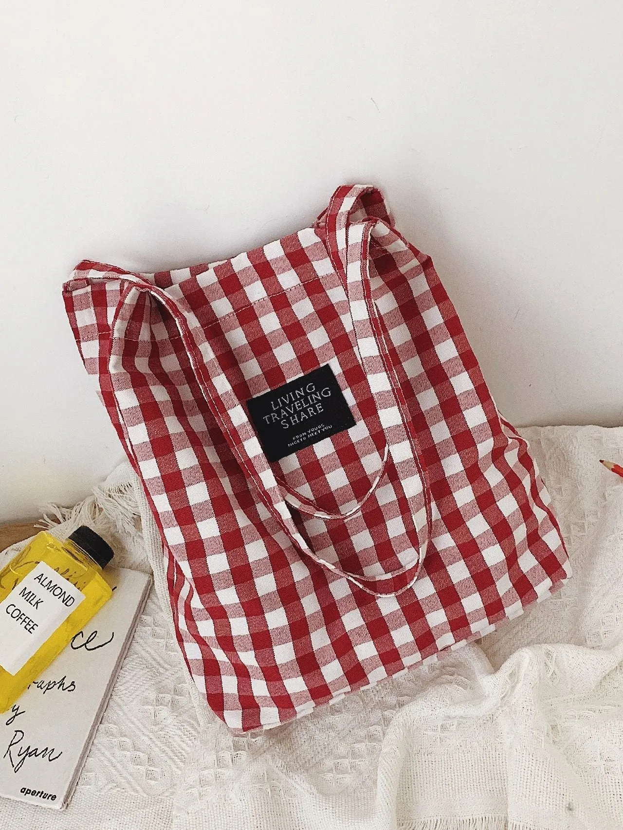 Maxct - Letter Patch Gingham Shopper Bag  - Women Tote Bags