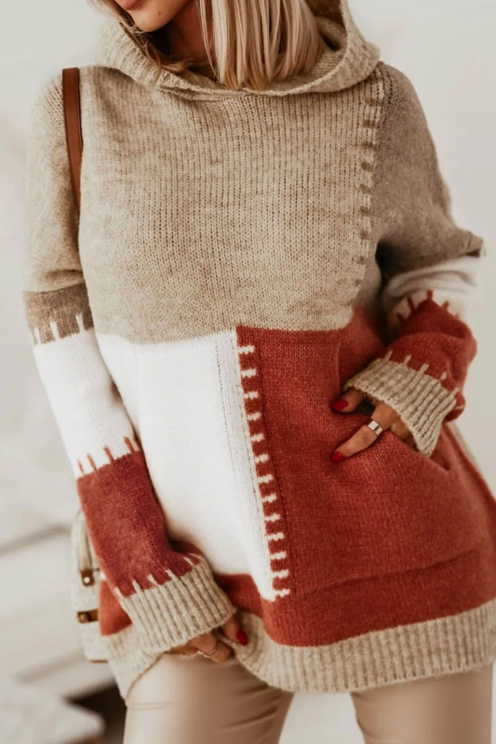 Maxct &Color Block Kangaroo Pocket Hooded Sweater