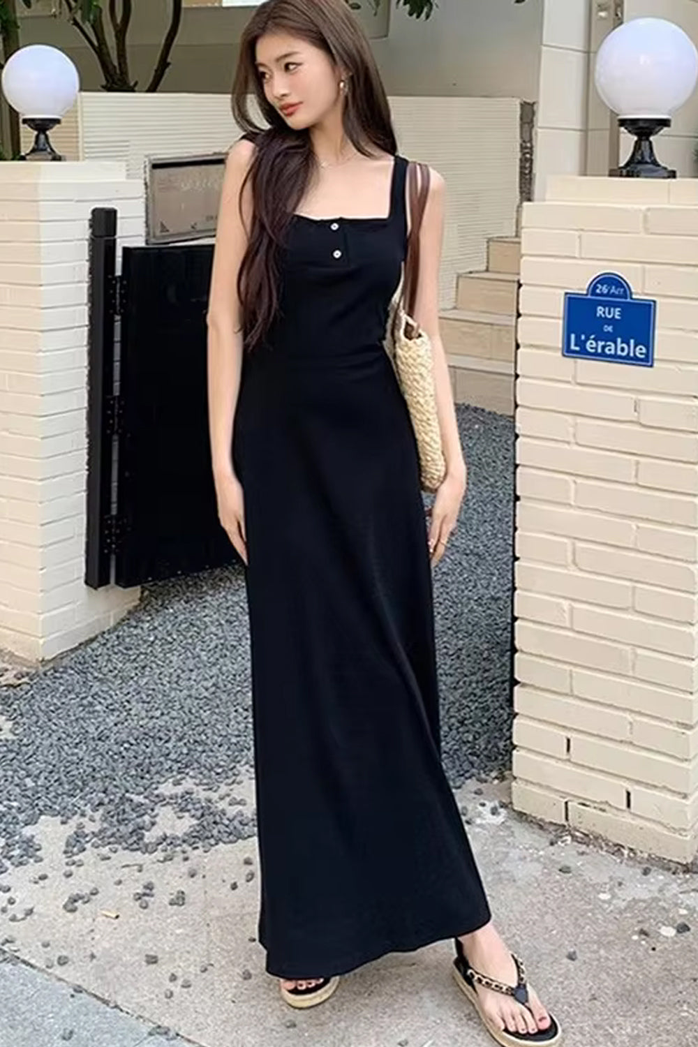 Square Collar Buttons Sleeveless Off Shoulder Long Dress Maxct