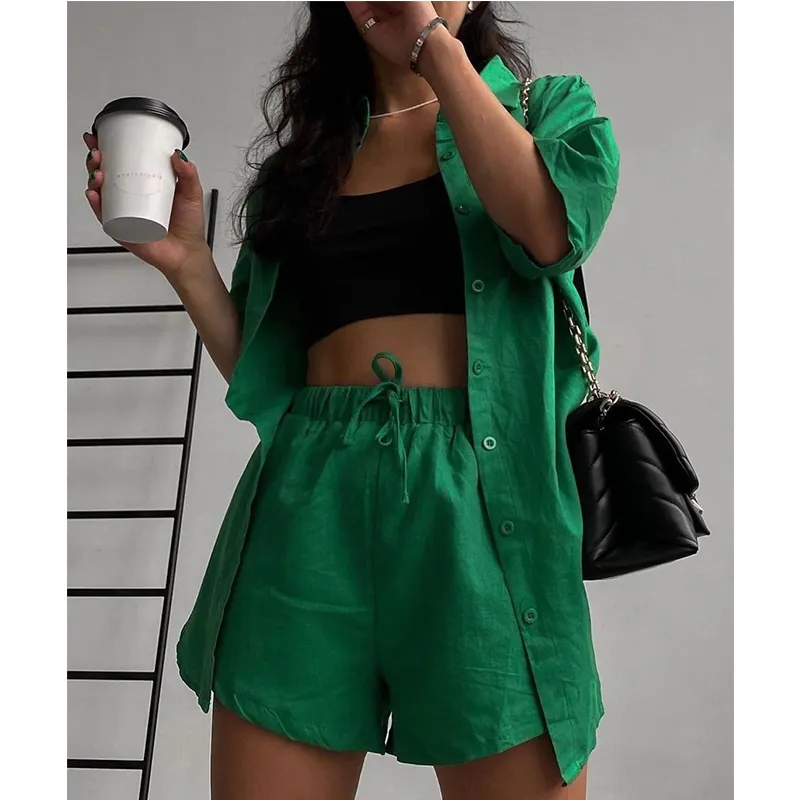 Maxct Casual Tracksuit Women's Shorts Suits Green Streetwear Short Sleeve Shirt Tops Loose Drawstring Mini Shorts Two Piece Set
