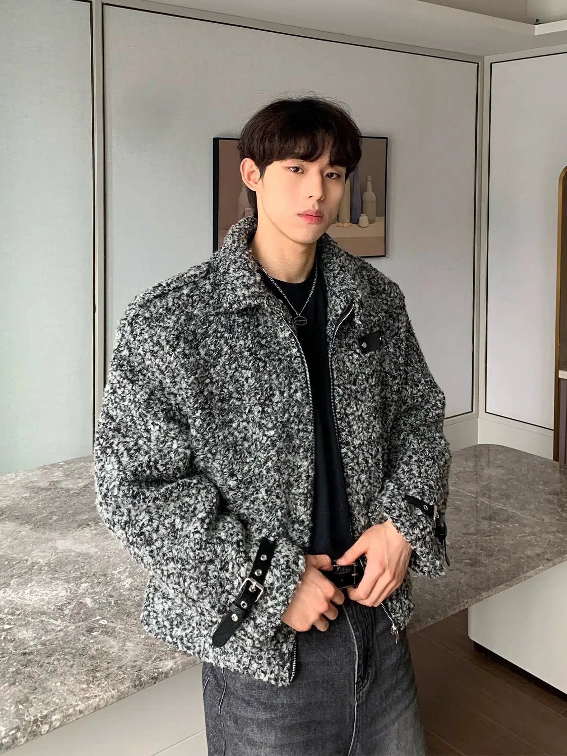 Maxct Belt Buckle Zipper Woolen Jacket