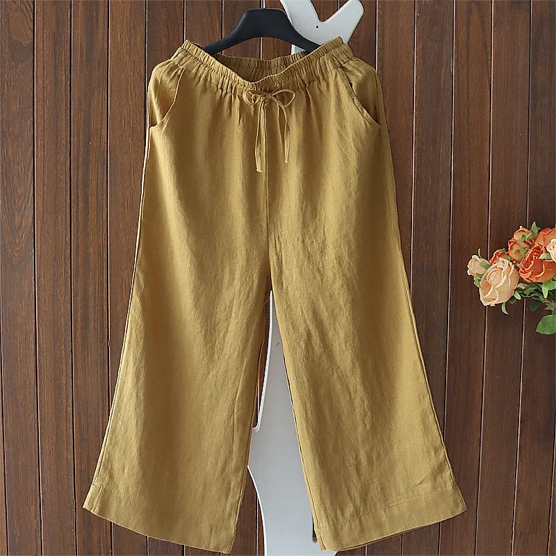 Maxct Women Spring Retro Solid Color Cotton Linen Pants