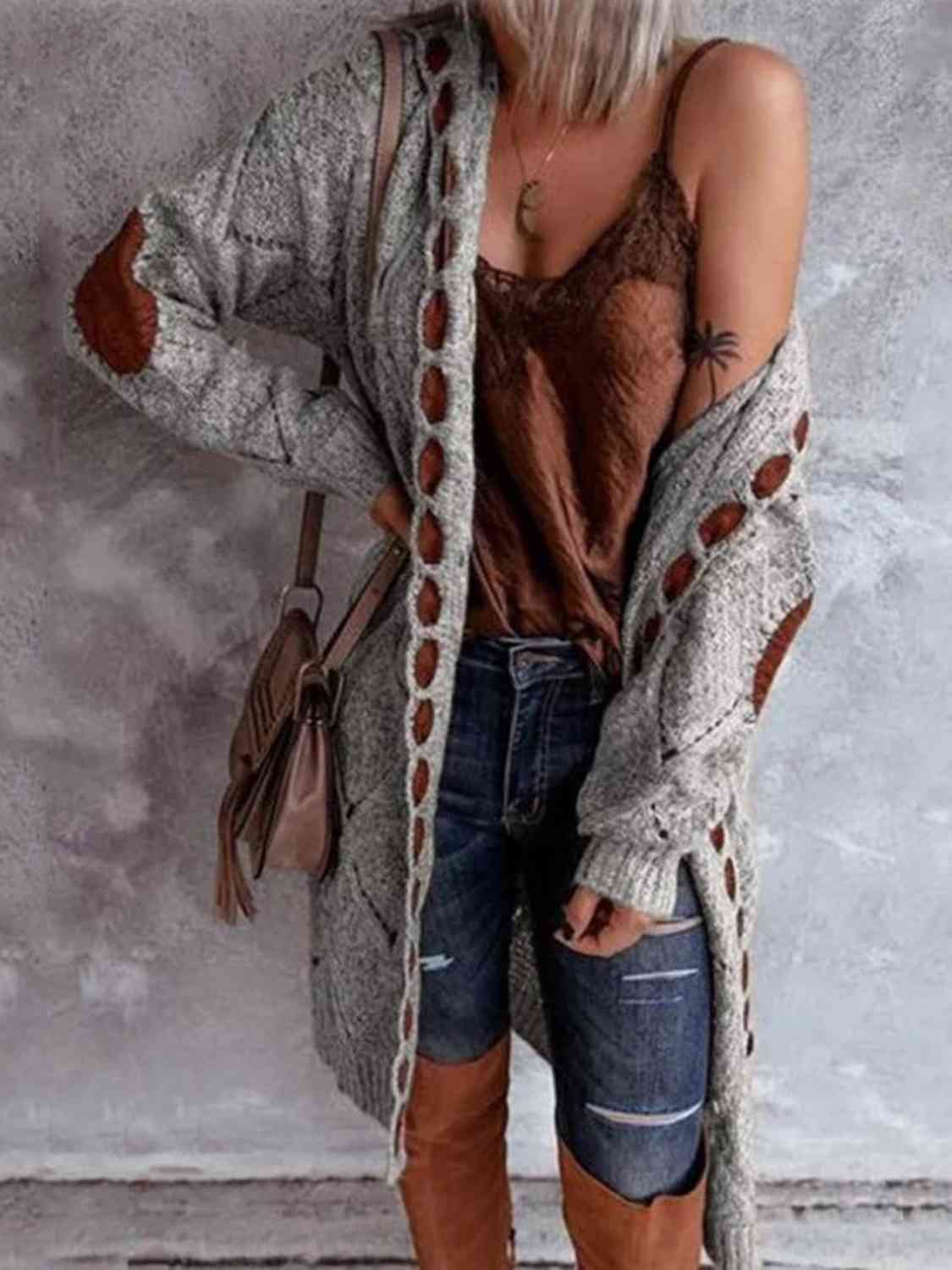 Maxct &Openwork Long Sleeve Open Front Hooded Cardigan