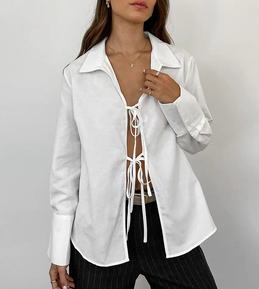Hollow Out Lace Up White Cotton Linen Shirt Women's Long Sleeve Loose Casual Sexy Lapel Cardigan Top Female Summer new