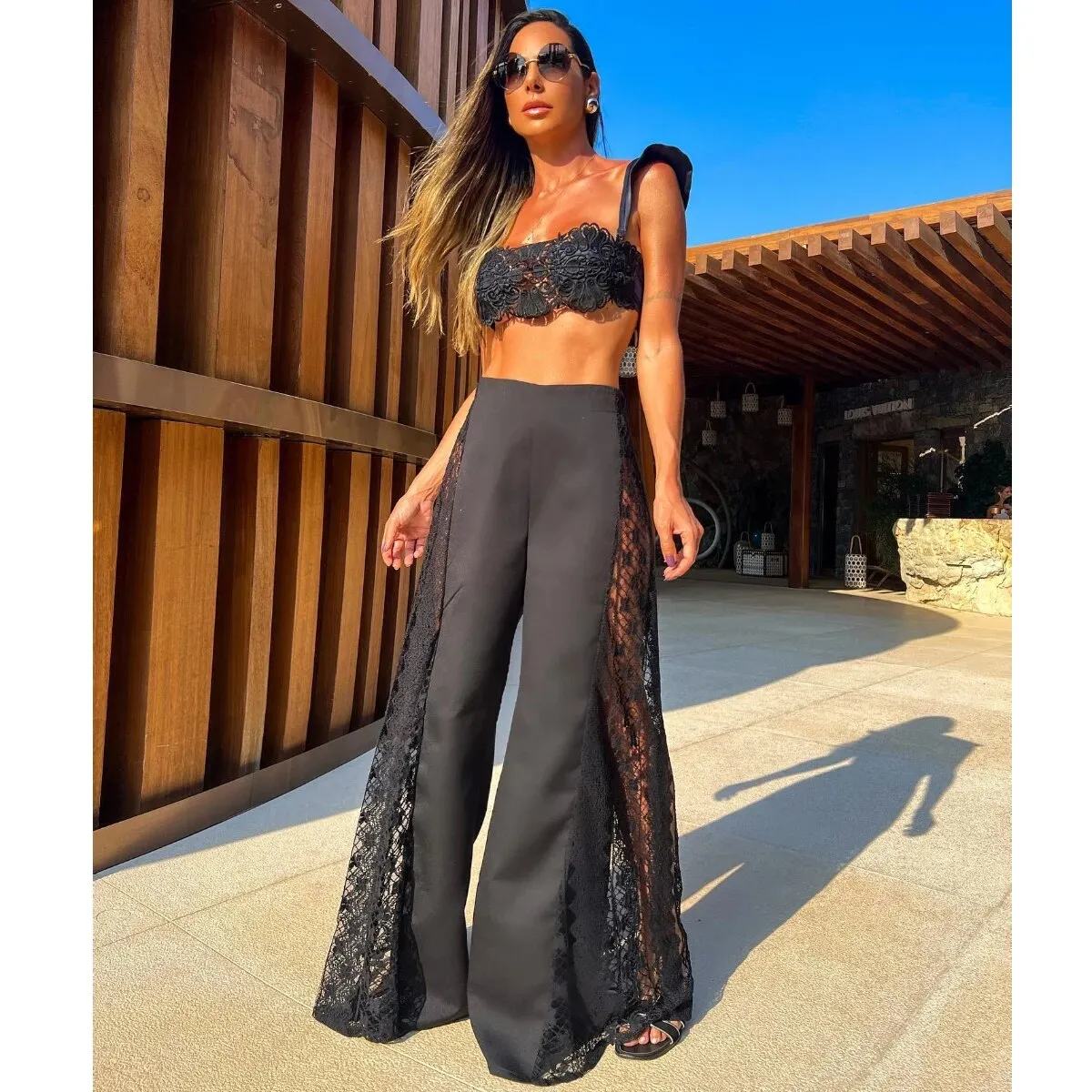 Maxct Black Sexy Women Two Piece Pant Set Tie Flowers Strapless Top Tassel High Split Pants Suit Beach Vacation Female Clothing