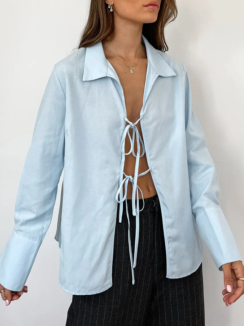 Hollow Out Lace Up White Cotton Linen Shirt Women's Long Sleeve Loose Casual Sexy Lapel Cardigan Top Female Summer new
