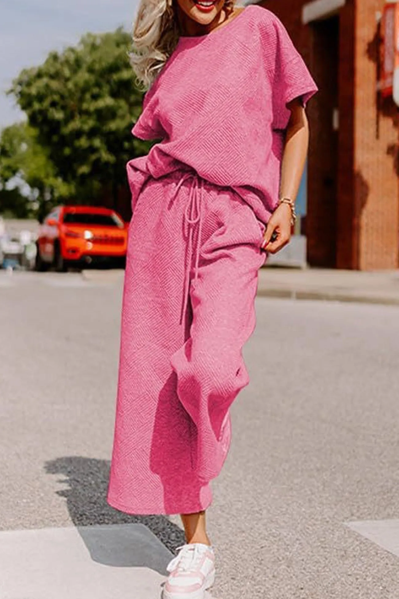 Maxct Solid Textured T-shirt Long Pants Set